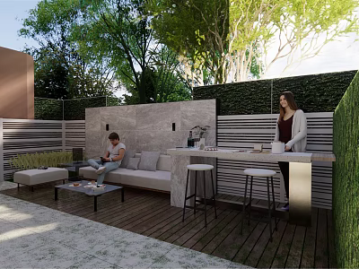 Outdoor Garden Courtyard With Wooden Deck Sofa Bar Stools And Lush Green Plants 3d model