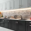 Modern Kitchen With Gray Upper And Black Lower Cabinets Brick Backsplash Sink And Stove