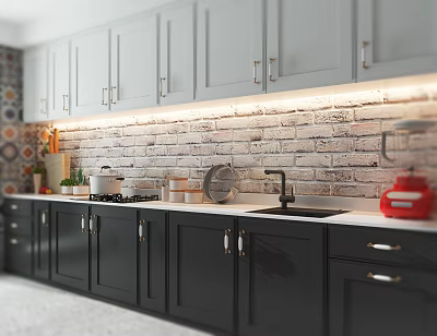 Modern Kitchen With Gray Upper And Black Lower Cabinets Brick Backsplash Sink And Stove 3d model