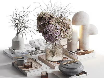 Home Decorative Ornament Set with Vase Flower Bouquet Mushroom Decor Books Tray and Candle 3d model