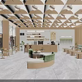 Spacious Modern Cafe Interior With Wooden Ceiling Round Lights Green Sofa And Marble Floor