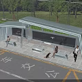 Modern Urban Bus Station With Shelter Benches Pedestrians And Green Trees