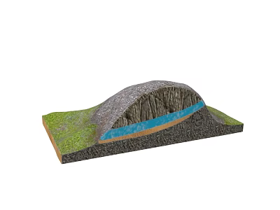 Topographical Terrain Cross Section With Rock Layers Green Vegetation And Blue Water 3d model