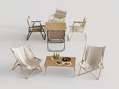 Foldable Lounge Chairs With Wooden Frame And Coffee Table Featuring Food Drinks For Outdoor Leisure 3d model