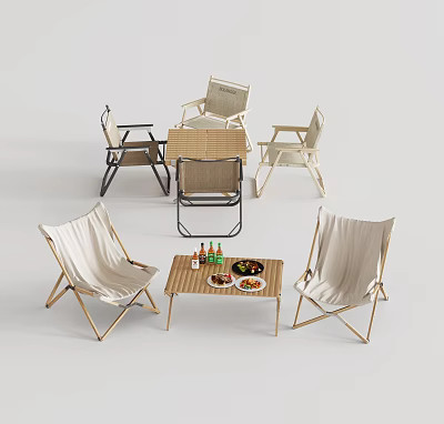Foldable Lounge Chairs With Wooden Frame And Coffee Table Featuring Food Drinks For Outdoor Leisure 3d model