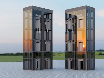 Modern Glass Facade Elevator Towers With Multiple Doors Against Evening Sky And Green Grass 3d model