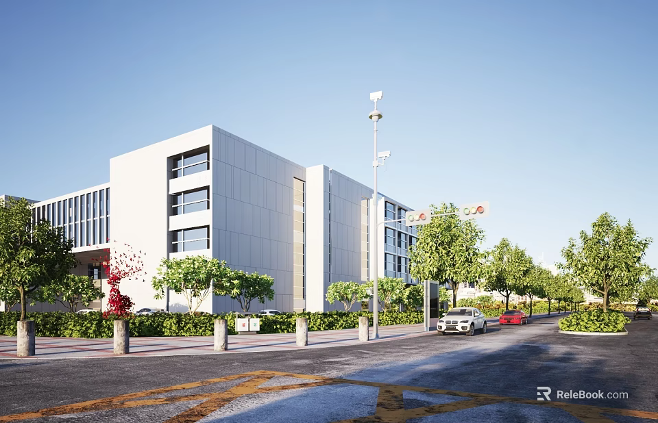 Modern White Office Building With Large Glass Windows Surrounded by Green Trees Road and Cars 3d model 