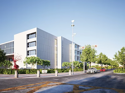 Modern White Office Building With Large Glass Windows Surrounded by Green Trees Road and Cars 3d model