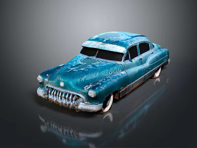 Teal Weathered Vintage Car With Retro Grille Headlights And Classic Body 3d model