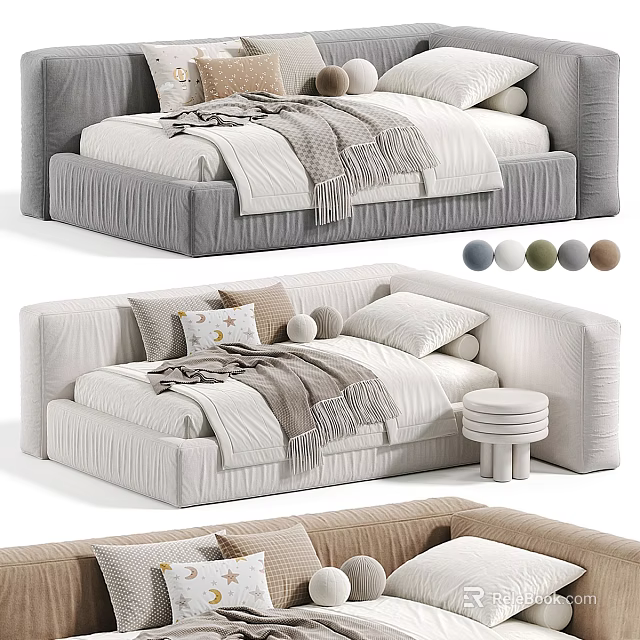 Modern Upholstered Kids Bed With Soft Pillows Blanket And Stool In Multiple Colors 3d model 