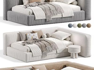Modern Upholstered Kids Bed With Soft Pillows Blanket And Stool In Multiple Colors 3d model
