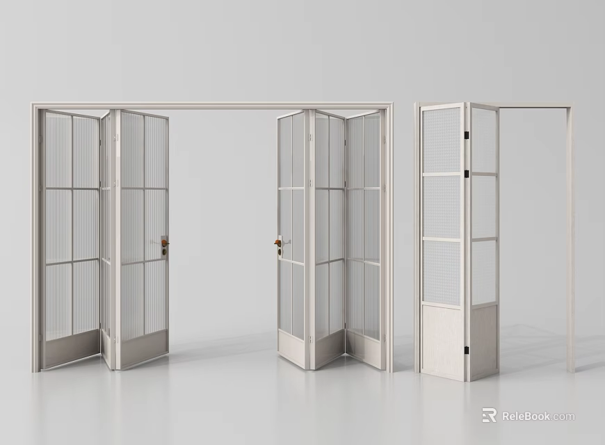 Modern Folding Doors with Glass Panels and White Frame in Open Position 3d model 