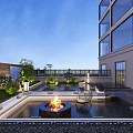 Nighttime Garden Landscape With Water Feature Fire Pit Stone Decorations Green Plants And Soft Lighting