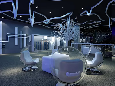 Modern Clothing Store Interior With Glass Bubble Chairs White Tree Decoration And Clothes On Racks 3d model