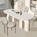 Modern Cream Style Dining Table and Chair Combination Fabric Backrest Chair Book Ornaments Potted Plant Decorative Painting Carpet 3d model