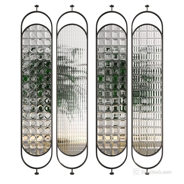 Four Panel Glass Room Divider With Metal Frame And Decorative Glass Patterns For Interior Design 3d model 