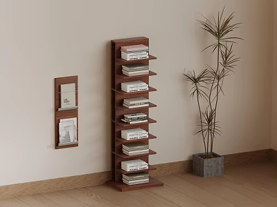 Indoor Space With Wooden Bookshelf Multiple Books Wall Mounted Shelf And Potted Plant 3d model