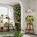 Home Balcony Design With Green Plants Blooming Flowers Wooden Shelves Light Curtains And Large Window