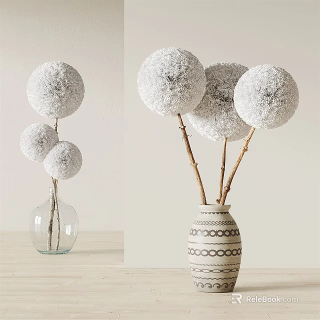 White Pompom Flowers in Clear Glass and Geometric Ceramic Vase for Home Decor 3d model 