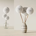 White Pompom Flowers in Clear Glass and Geometric Ceramic Vase for Home Decor