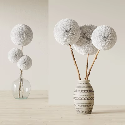 White Pompom Flowers in Clear Glass and Geometric Ceramic Vase for Home Decor 3d model
