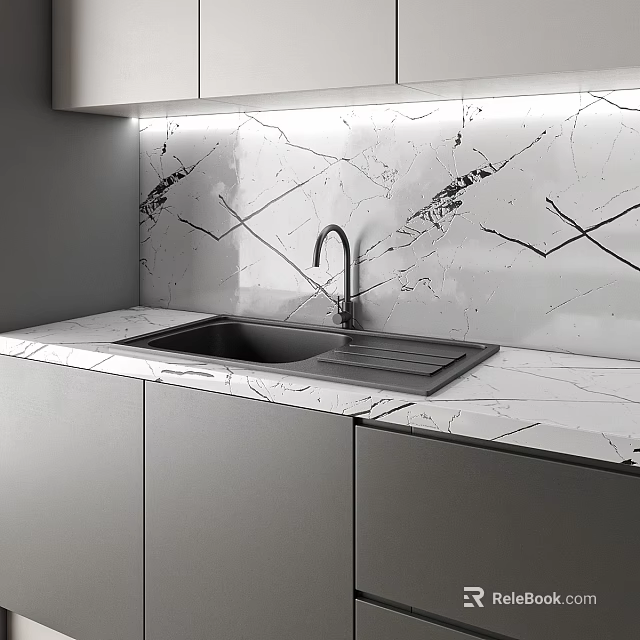 Modern Kitchen With Gray Cabinets Marble Countertop Backsplash Sink And Faucet 3d model 