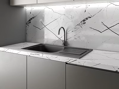 Modern Kitchen With Gray Cabinets Marble Countertop Backsplash Sink And Faucet 3d model