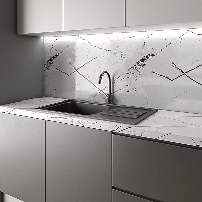 Modern Kitchen With Gray Cabinets Marble Countertop Backsplash Sink And Faucet 3d model