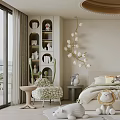 Cozy Kids Room Interior With Bed Stuffed Toys Bookshelf And Green Armchair