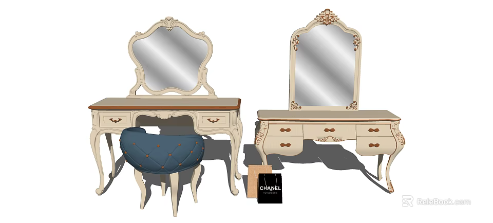 Classical Ornate Dressing Table with Decorative Mirror Blue Padded Stool and Chanel Shopping Bag 3d model 