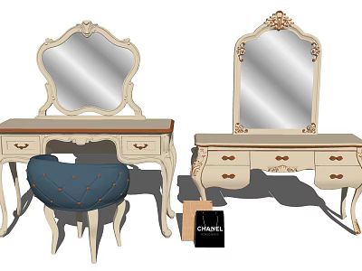Classical Ornate Dressing Table with Decorative Mirror Blue Padded Stool and Chanel Shopping Bag 3d model