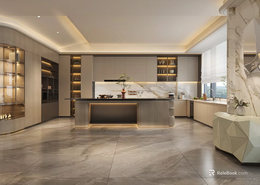 Elegant Modern Kitchen Interior Design With Marble Island Counter Lighting And Cabinets 3d model 
