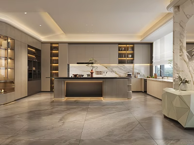Elegant Modern Kitchen Interior Design With Marble Island Counter Lighting And Cabinets 3d model