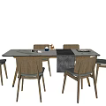 White Dining Table Set With Six Wooden Chairs And Tabletop Decorative Items 3d model