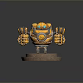 Yellow Mechanical Robot Figure Featuring Large Arms Blue Eyes and Star Patterned Display Base 3d model