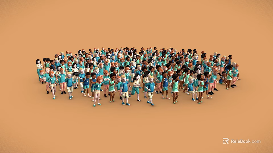 Children in Blue Uniforms Standing Together in a Large Group 3d model 