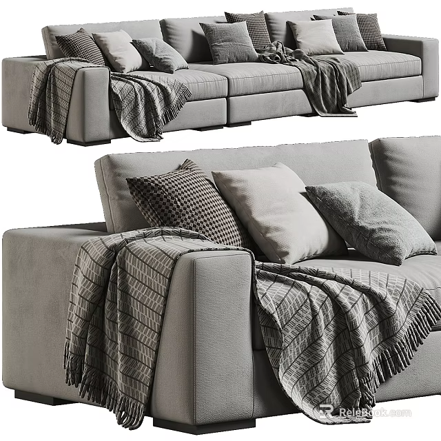 Modern Sectional Sofa with Cozy Pillows and Plaid Blankets in Living Room 3d model 