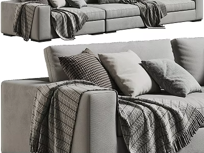 Modern Sectional Sofa with Cozy Pillows and Plaid Blankets in Living Room 3d model
