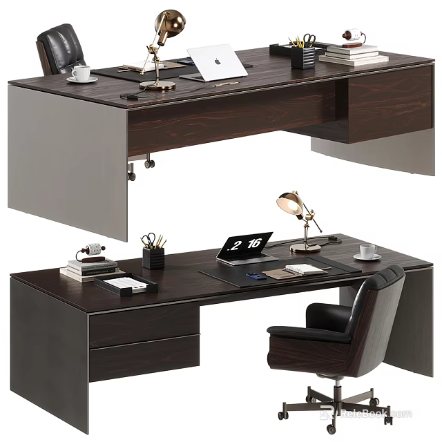 Modern Dark Wooden Office Desk With Laptop Desk Lamp Coffee Cup Documents And Drawers 3d model 