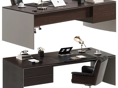 Modern Dark Wooden Office Desk With Laptop Desk Lamp Coffee Cup Documents And Drawers 3d model