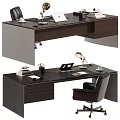 Modern Dark Wooden Office Desk With Laptop Desk Lamp Coffee Cup Documents And Drawers
