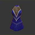 Fashionable Blue Sequin Decorated High Neck V Neckline Short Hem Dress