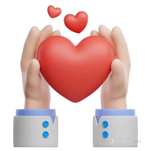 Hands Holding Red Heart With Small Heart Above In White Sleeves With Blue Buttons 3d model 