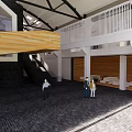 People Standing In Modern Indoor Space With Tiled Floor And Wooden Ceiling