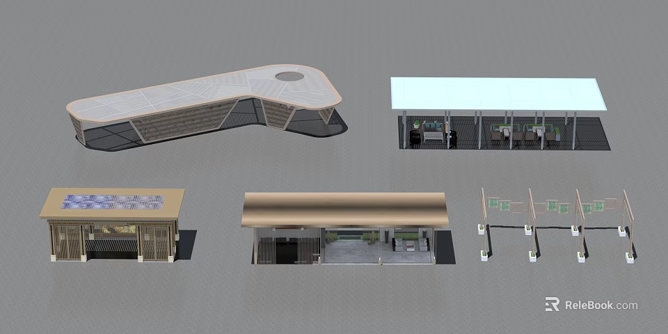 Modern Landscape Pavilion With Curved Roof And Open Air Structure Design 3d model 