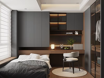 Modern Tatami Bedroom Interior With Tatami Bed Gray Bedding Desk Chair And Window Blinds 3d model
