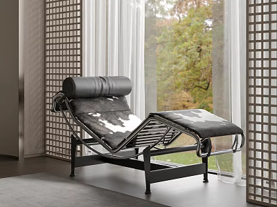 Modern Leather Chaise Lounge with Black Frame in Room with Green Window View 3d model