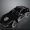 Sporty Black White Police Car With Roof Emergency Lights And Logos