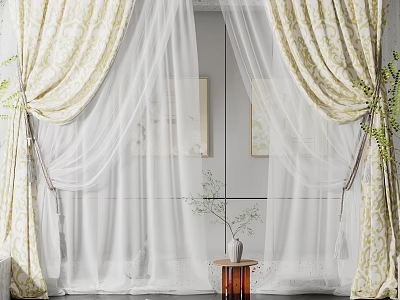 Elegant White Sheer Curtains With Yellow Floral Drapes And Green Plants 3d model