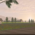 Tranquil Rural Landscape With Colorful Flower Field Wooden Cottages Trees And Sunset View